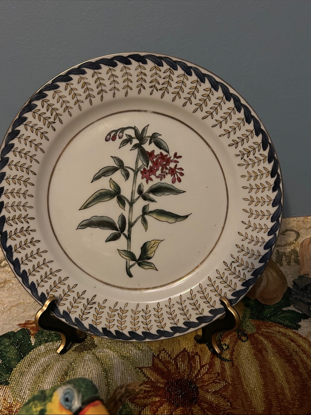 Floral Botanical Decorative Plate - White with Green and a purple/pink Accents.